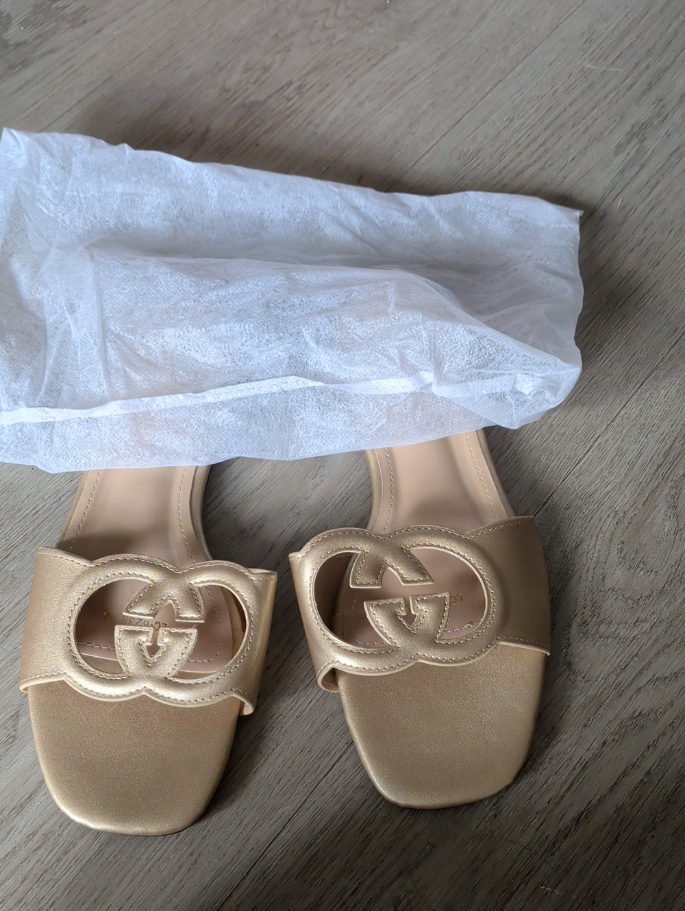 Brand New Gold Women's Slide Sandals with Interlocking Logo Accent